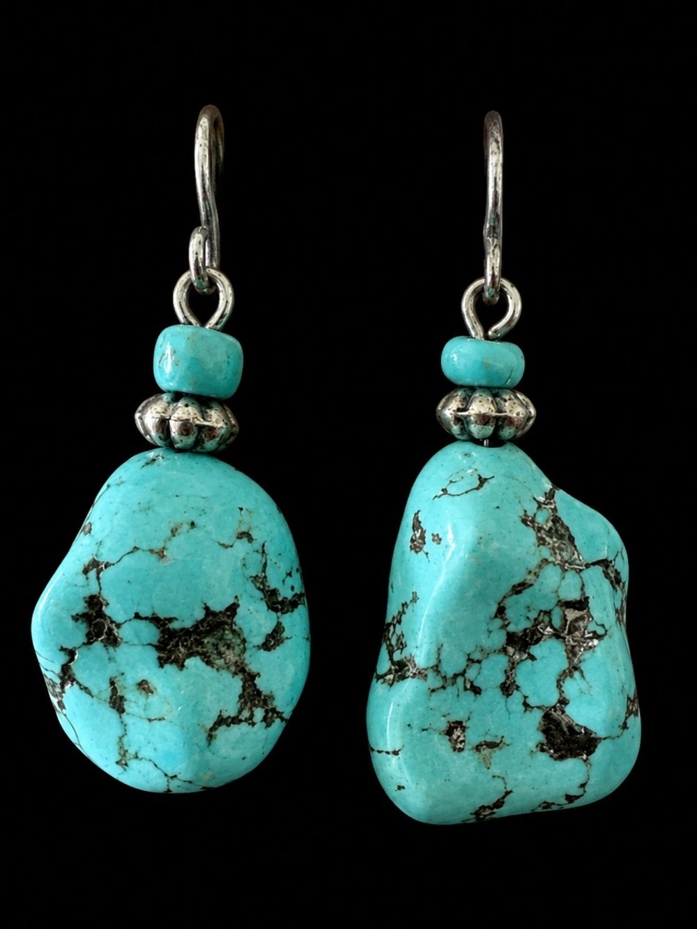 Turquoise Nugget Dangle Earrings Silver Tone Boho Southwestern